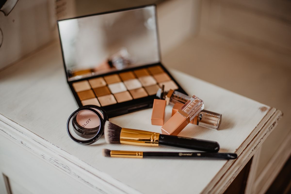 Beauty and makeup products on a vanity